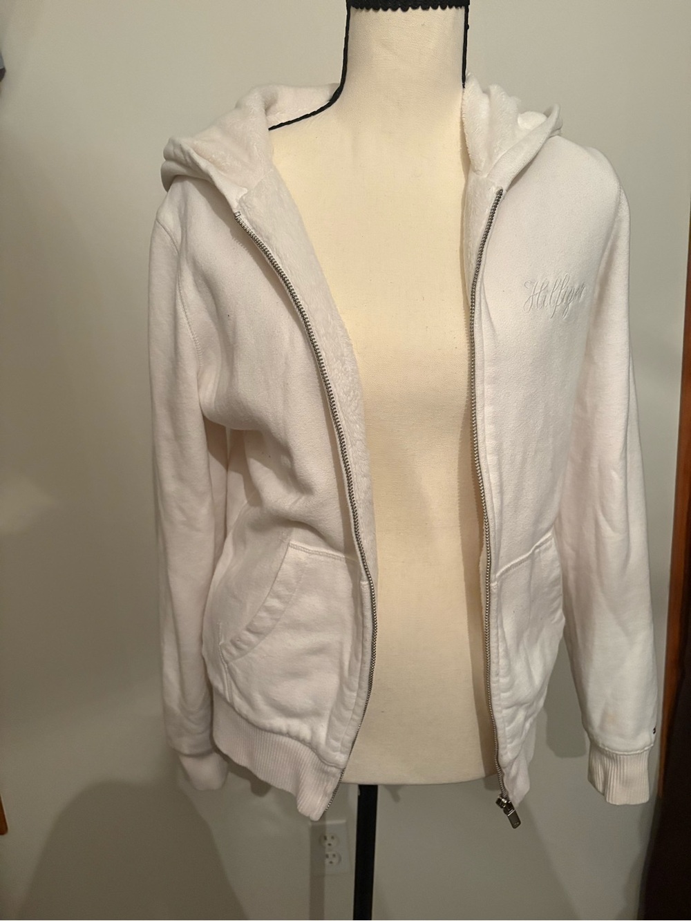 Tommy Hilfiger White Full-Zip Hooded Sweatshirt Plush Lining
